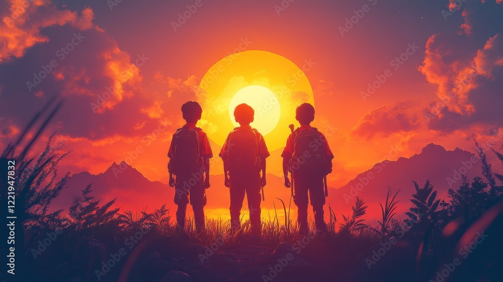 Three silhouettes of children observe a vibrant sunset over mountainous terrain, evoking a sense of adventure and exploration Three silhouettes of children observe a vibrant sunset over mountainous terrain, evoking a sense of adventure and exploration