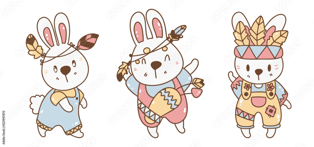 Obraz premium Boho Easter, Cute bunnies in outfits with feathers and accessories