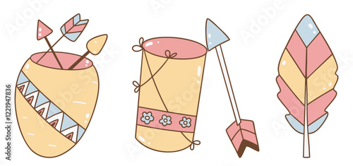 Boho Easter, Boho style decorative items including arrows, drum, and feather