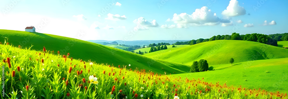 The breathtaking view of rolling hills is adorned with vibrant, blooming flowers and a bright, clear blue sky