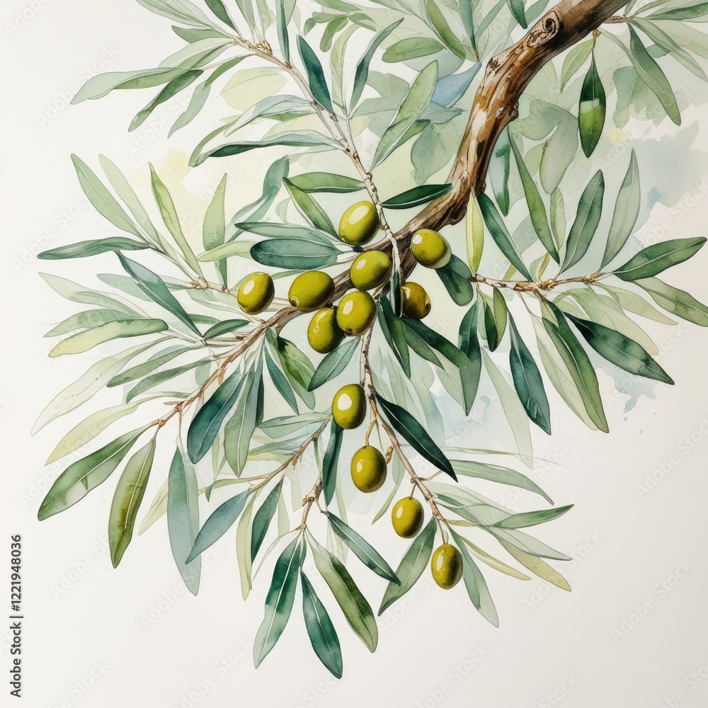 Obraz premium Watercolor illustration of an olive branch with green fruits and leaves. 