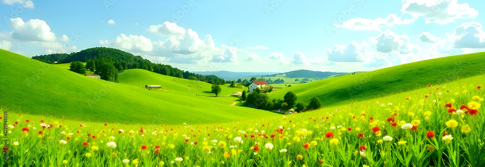 The breathtaking view of rolling hills is adorned with vibrant, blooming flowers and a bright, clear blue sky