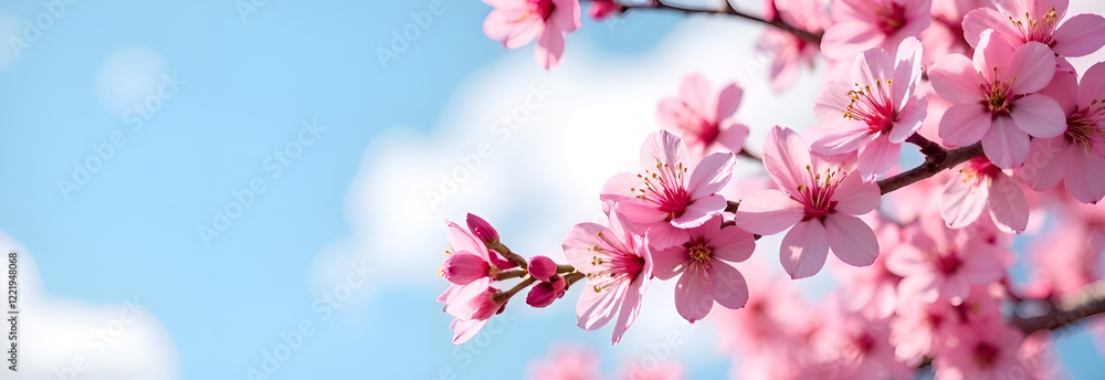 A breathtaking closeup view of pink sakura cherry blossoms beautifully blooming under a bright blue, clear sky