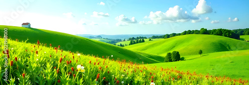 Obraz na płótnie The breathtaking view of rolling hills is adorned with vibrant, blooming flowers and a bright, clear blue sky w salonie