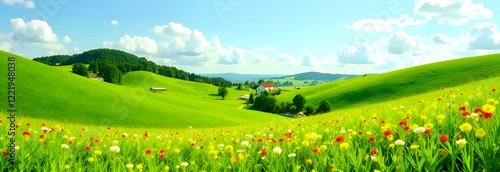 Obraz na płótnie The breathtaking view of rolling hills is adorned with vibrant, blooming flowers and a bright, clear blue sky w salonie