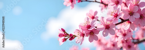 Obraz na płótnie A breathtaking closeup view of pink sakura cherry blossoms beautifully blooming under a bright blue, clear sky w salonie