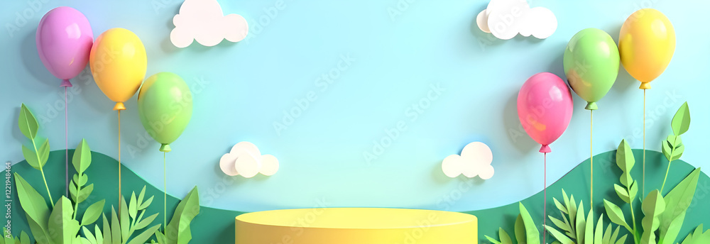 A vibrant and cheerful background with cylindrical podium for promotion. Round stage for product sales presentation. Stage pedestal or platform with featuring balloons, clouds, and lush foliage.