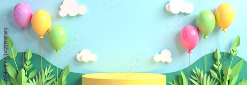 Obraz na płótnie A vibrant and cheerful background with cylindrical podium for promotion. Round stage for product sales presentation. Stage pedestal or platform with featuring balloons, clouds, and lush foliage. w salonie
