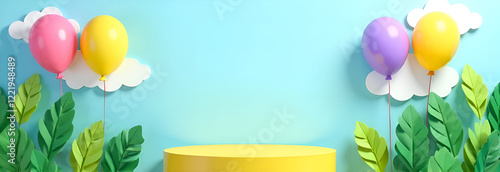 A vibrant and cheerful background with cylindrical podium for promotion. Round stage for product sales presentation. Stage pedestal or platform with featuring balloons, clouds, and lush foliage.