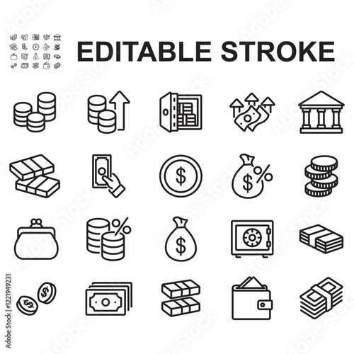 Collection of money icons. Thin line style vector. Contains icons such as coins, banknotes and more.