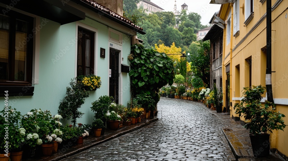Fototapeta premium Charming European Cobblestone Street Potted Plants Flowers Buildings Rainy Day