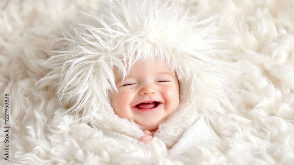Happy baby in fluffy hat, cozy blanket, studio shot, newborn photography Happy baby in fluffy hat, cozy blanket, studio shot, newborn photography
