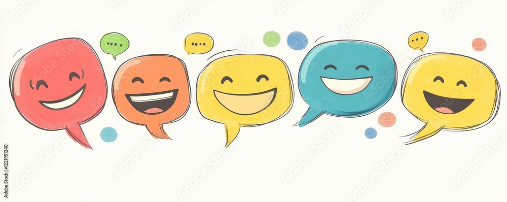 Colorful speech bubbles with smiling faces express joy and friendliness, creating a vibrant, cheerful atmosphere. Colorful speech bubbles with smiling faces express joy and friendliness, creating a vibrant, cheerful atmosphere.