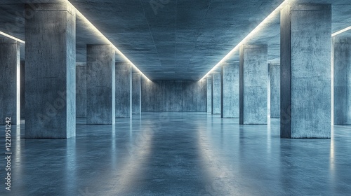 Abstract sci-fi concrete room with neon lighting  leaving space for text  