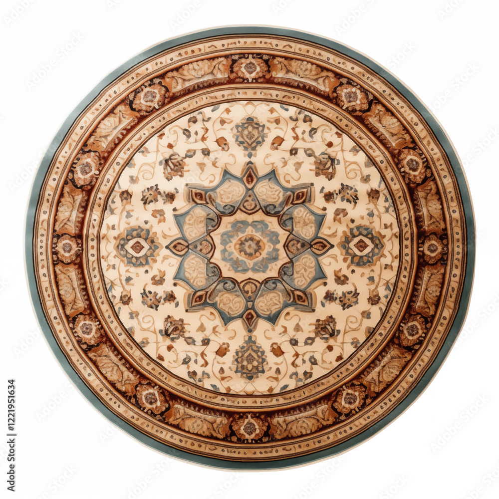 Naklejka premium Round Beige Rug Oriental Carpet Floral Pattern Mandala Design Home Decor