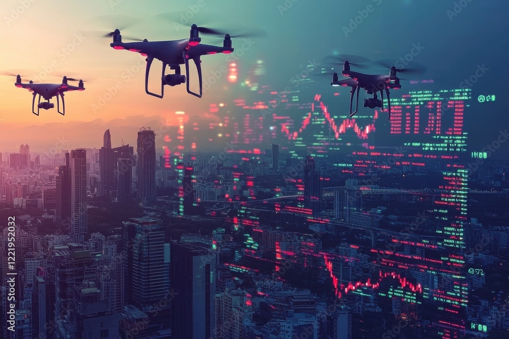 A breathtaking view of futuristic drones flying over an illuminated city skyline, surrounded by digital data projections and vibrant colors at sunset. A breathtaking view of futuristic drones flying over an illuminated city skyline, surrounded by digital data projections and vibrant colors at sunset.