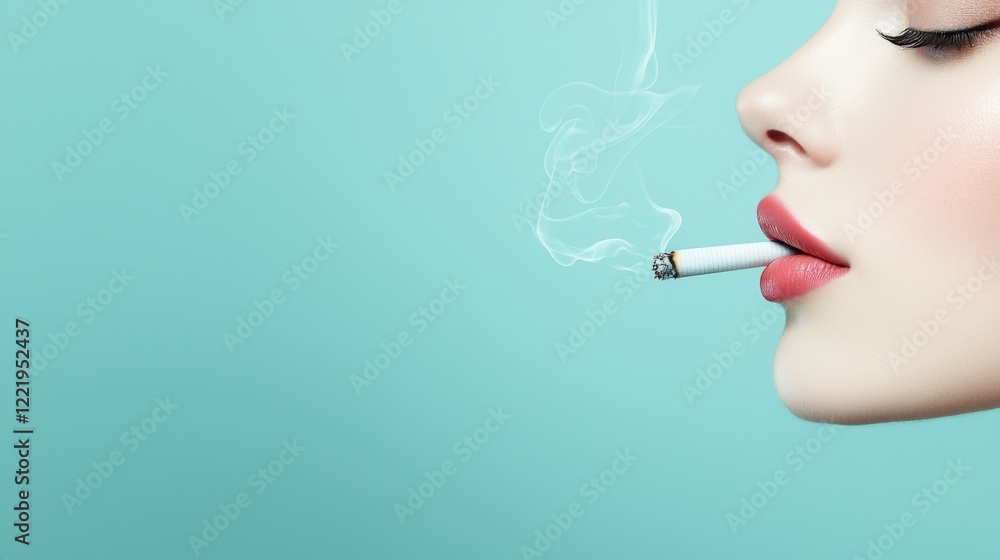 Fototapeta premium Smoking woman profile with cigarette minimalistic background lifestyle concept soft colors artistic viewpoint