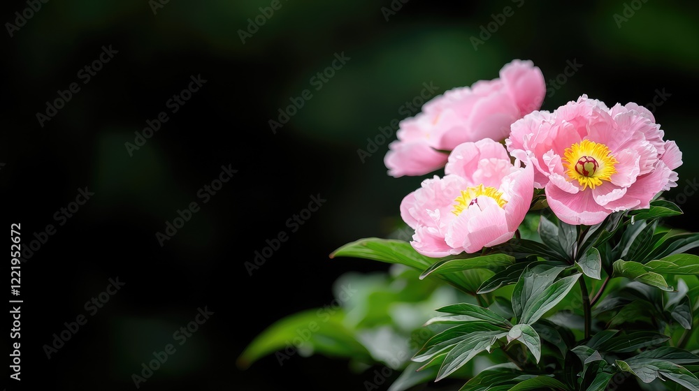 Pink peonies bloom in a garden, dark background, nature photography, ideal for cards Pink peonies bloom in a garden, dark background, nature photography, ideal for cards