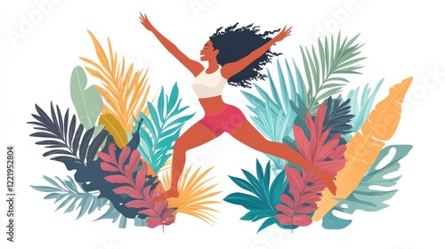 Joyful woman leaps amidst tropical foliage; wellness, fitness, freedom concept photo