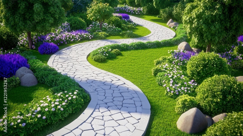 Fototapeta premium Serene Curved Pathway Through Lush Garden with Colorful Flowers