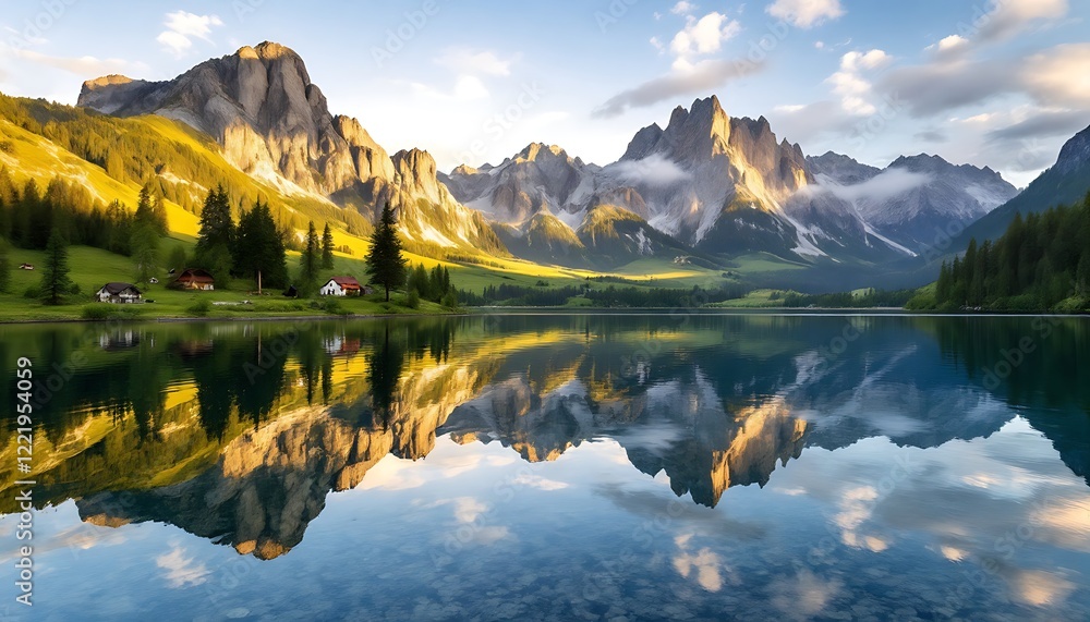 Obraz premium Majestic Mountain Lake Reflection Serene Sunrise Landscape Scenery