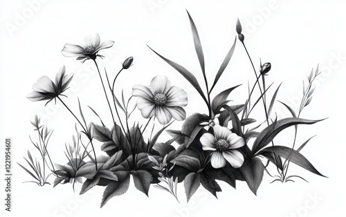 Wallpaper Mural A monochrome vector illustration of wildflowers in a scattered arrangement, featuring small petals and sharp, slender leaves, drawn in a vintage wood engraving style using pen and ink Torontodigital.ca