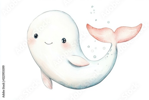 A charming illustration of a happy, cute whale swimming gracefully in the ocean, with bubbles surrounding it, perfect for children's themes. photo