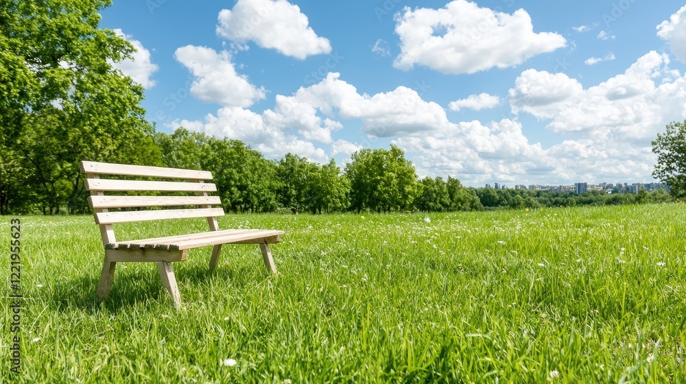 Peaceful park bench, grassy field, sunny day, city skyline Peaceful park bench, grassy field, sunny day, city skyline