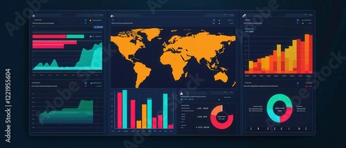 A modern data dashboard displaying global maps and various colorful graphs, showcasing analytics and performance metrics.