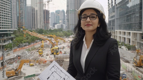 Construction leadership urban development site professional portrait city landscape wide angle empowering women in industry photo