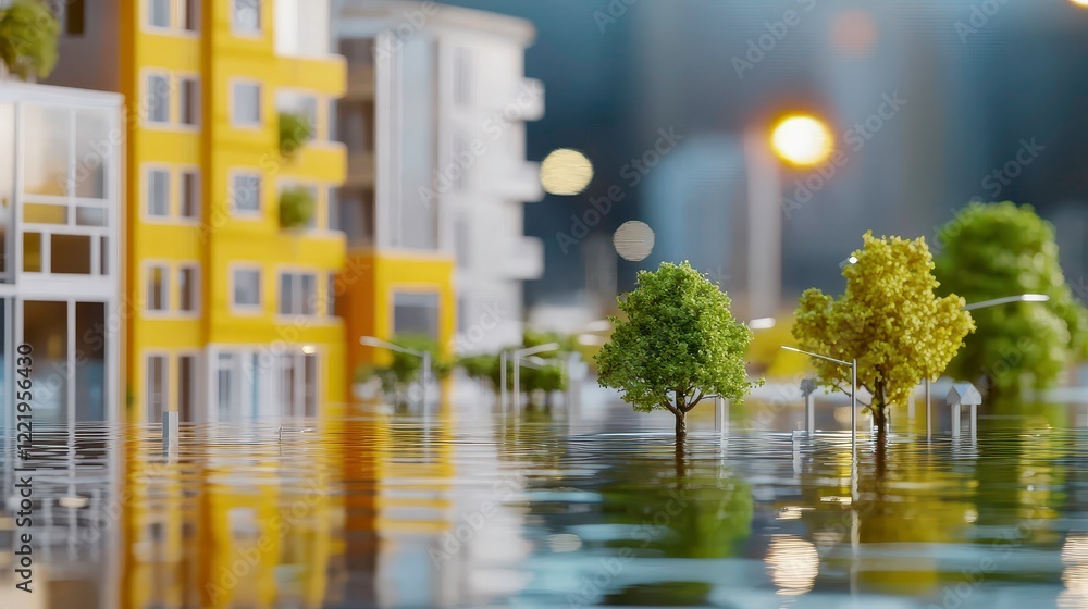 A miniature cityscape partially submerged in water, showcasing buildings and trees, highlighting an environmental theme. A miniature cityscape partially submerged in water, showcasing buildings and trees, highlighting an environmental theme.