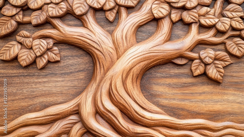 Intricate Wooden Tree Carving with Detailed Leaves and Branches Intricate Wooden Tree Carving with Detailed Leaves and Branches