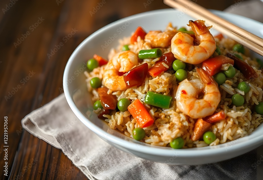 A Plate Of Chinese Fried Rice With Shrimp, Peas, Carrots, And A Soy-based Sauce A Plate Of Chinese Fried Rice With Shrimp, Peas, Carrots, And A Soy-based Sauce