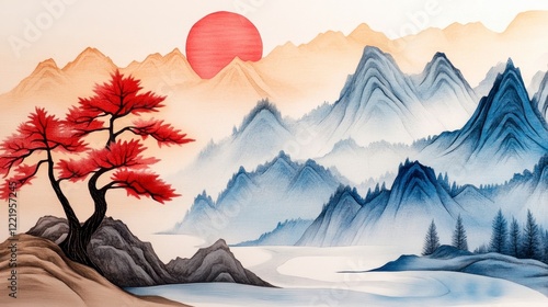 Serene Landscape with Red Tree, Mountains, and Rising Sun photo