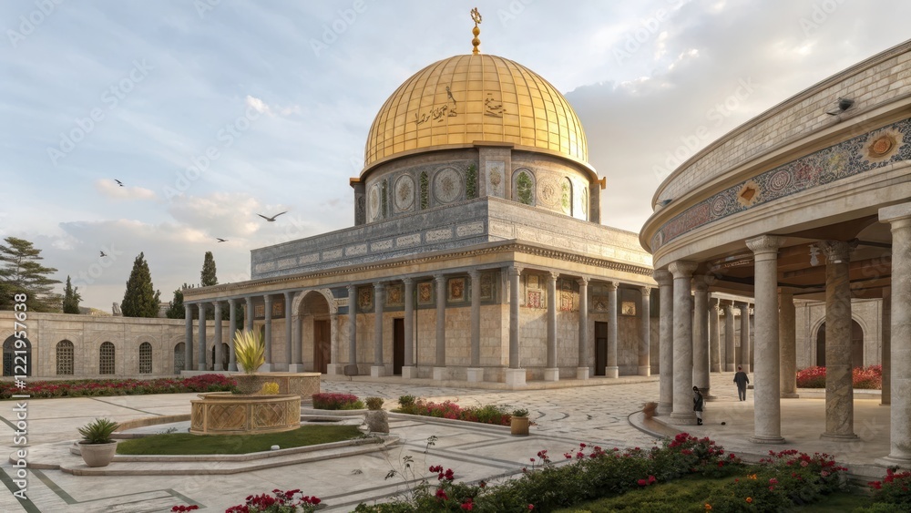 Obraz premium Byzantine Dome Overlooking Courtyard with Fountain and Rose Bushes