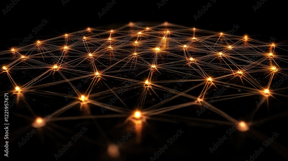 Fototapeta premium A web of interconnected nodes and lines on a dark background, symbolizing the complexity of networking and communication.