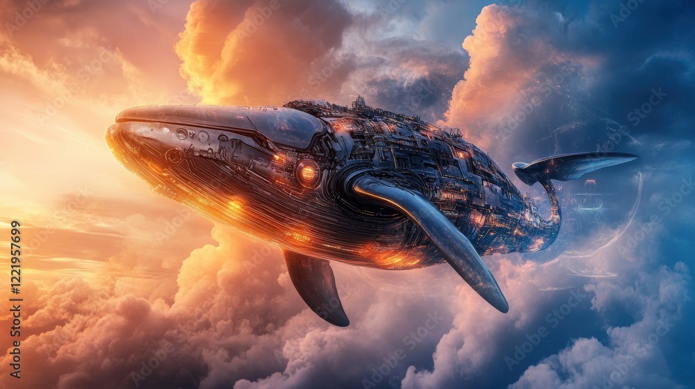Naklejka premium A massive biomechanical whale with metallic skin reflecting light, swimming through an ocean of digital clouds