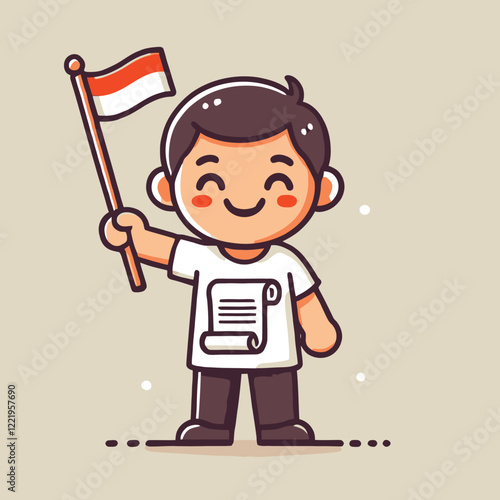 Happy Indonesian Boy Celebrating Independence Day with Flag