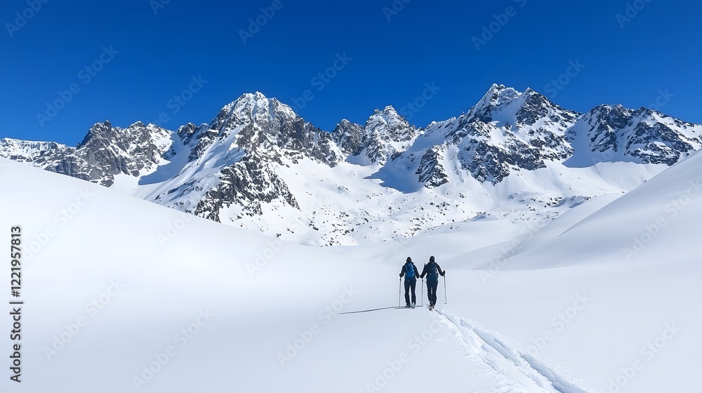 Adventurous couple trekking through a remote and breathtaking icy glacier field under a clear majestic blue sky The rugged Adventurous couple trekking through a remote and breathtaking icy glacier field under a clear majestic blue sky The rugged