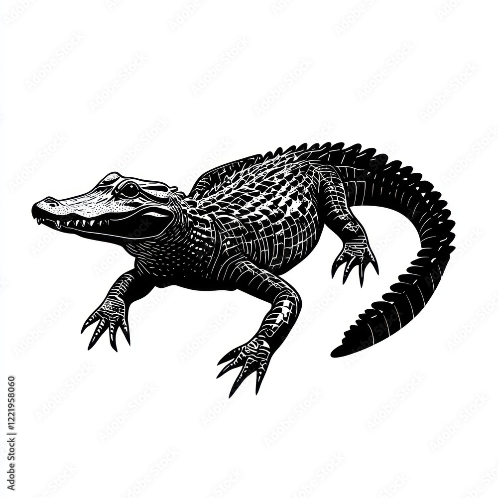 Naklejka premium Black and white illustration of an alligator