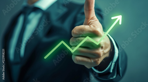 A close-up of a hand in a business suit giving a thumbs up, with a glowing upward green arrow symbolizing growth and achievement. 