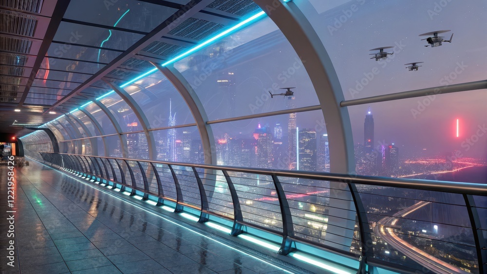 Obraz premium Futuristic Glass Walkway Overlooks Neon Cityscape at Twilight