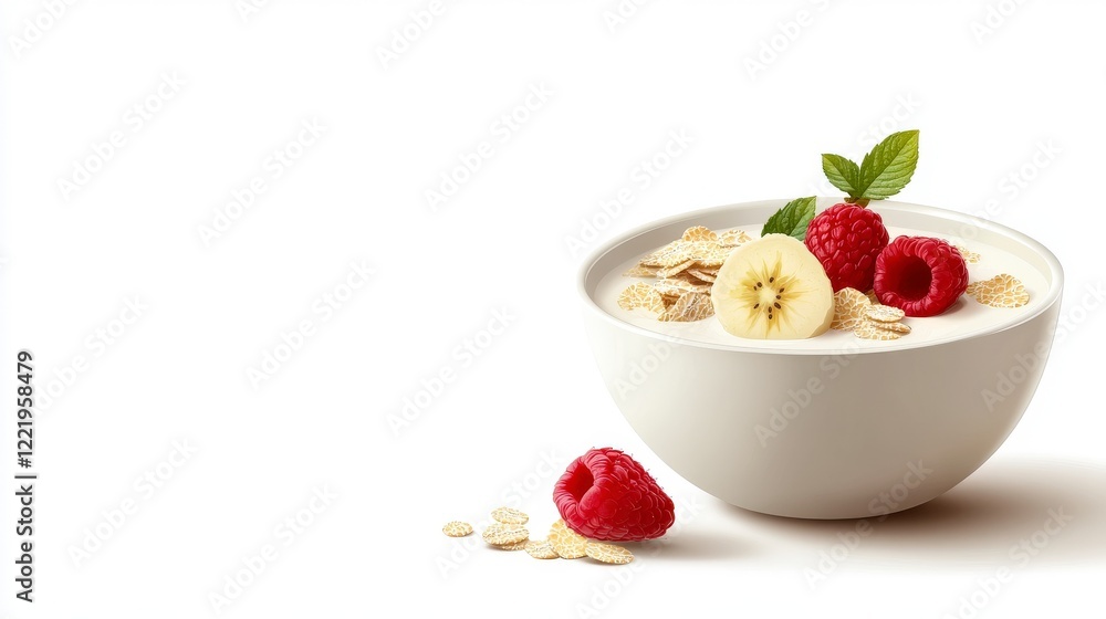 Fresh and Healthy Yogurt Bowl with Raspberries, Bananas, and Oats on White Background Fresh and Healthy Yogurt Bowl with Raspberries, Bananas, and Oats on White Background