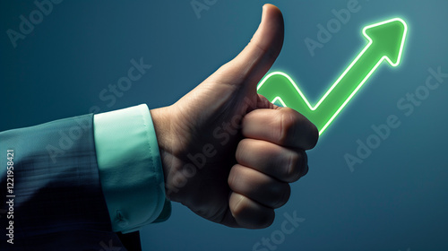 A close-up of a hand in a business suit giving a thumbs up, with a glowing upward green arrow symbolizing growth and achievement. 