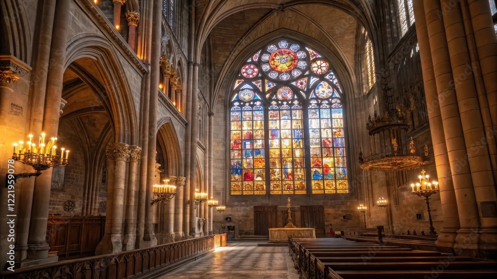 Gothic Cathedral Interior Showcasing Stained-Glass Window Gothic Cathedral Interior Showcasing Stained-Glass Window