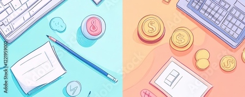 A vibrant, split-image showing office supplies on one side and coins on the other, highlighting themes of productivity and finance. photo