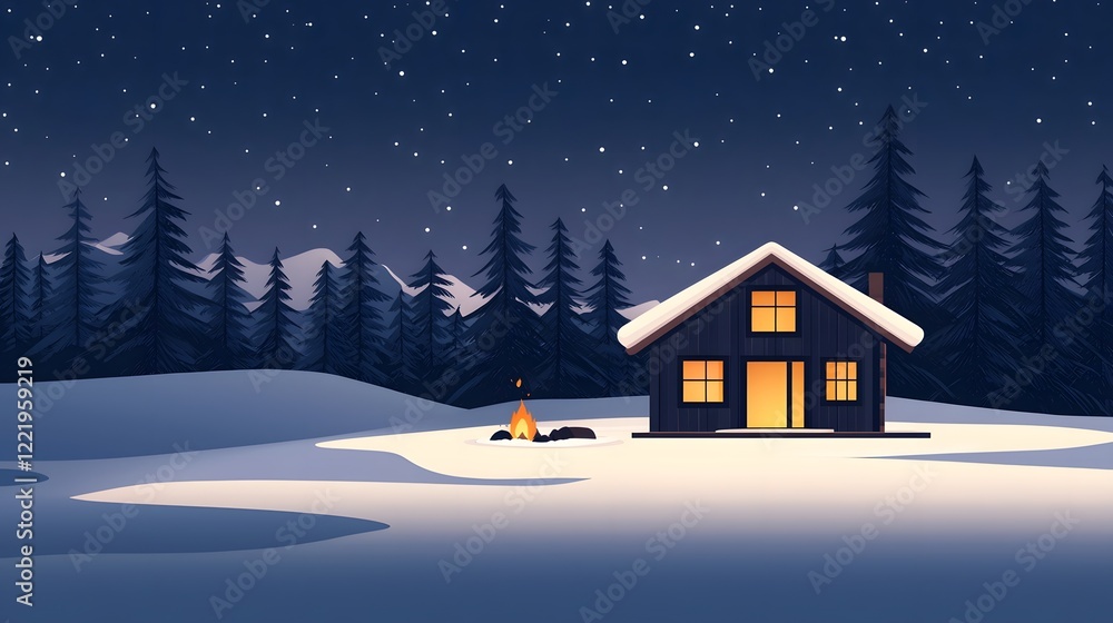 Cozy and Inviting Cabin Retreat Surrounded by a Snowy Forest at Night with Warm Glowing Lights and an Outdoor Jacuzzi for Relaxation and Comfort Cozy and Inviting Cabin Retreat Surrounded by a Snowy Forest at Night with Warm Glowing Lights and an Outdoor Jacuzzi for Relaxation and Comfort
