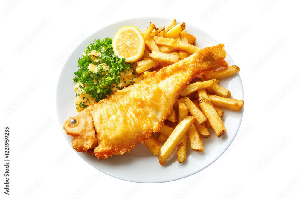 Traditional fish and chips with golden crispy fish fillet and fries isolated on white or transparent, PNG Traditional fish and chips with golden crispy fish fillet and fries isolated on white or transparent, PNG