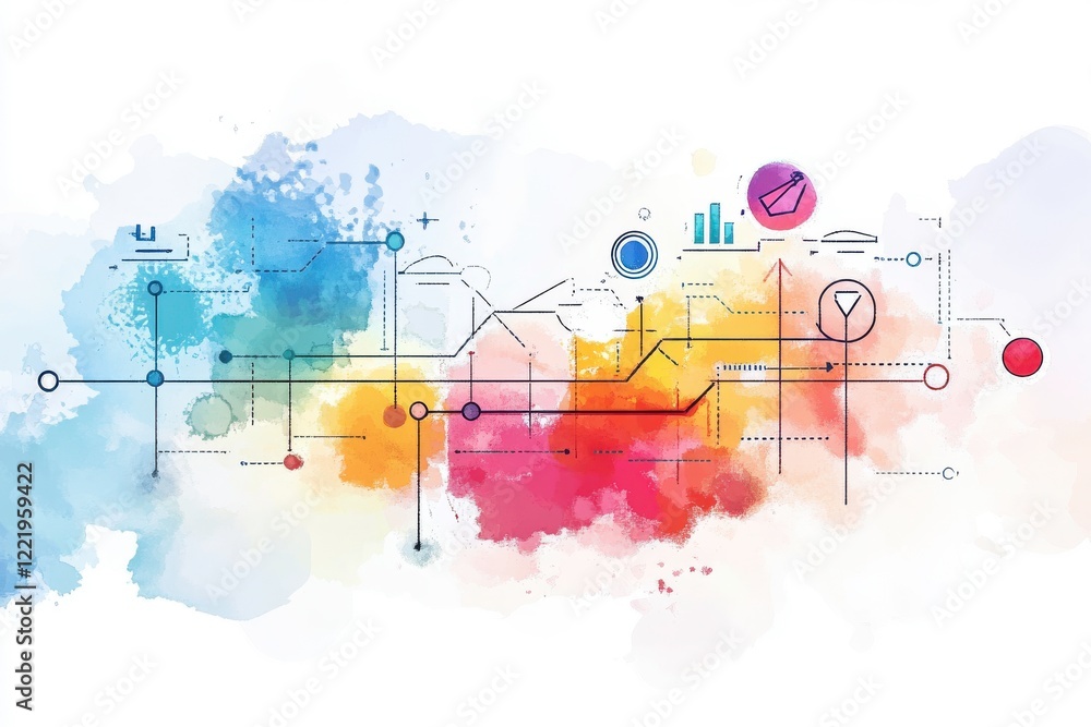 Obraz premium A vibrant abstract design featuring colorful watercolor effects and geometric patterns, symbolizing data, technology, and creativity.