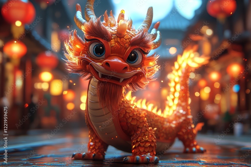 Adorable Cartoon Dragon in Festive Chinese Lantern Setting 3D Render Adorable Cartoon Dragon in Festive Chinese Lantern Setting 3D Render